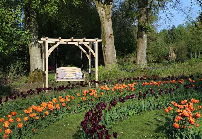 Pergola and swing seat Forde Abbey Tulips 