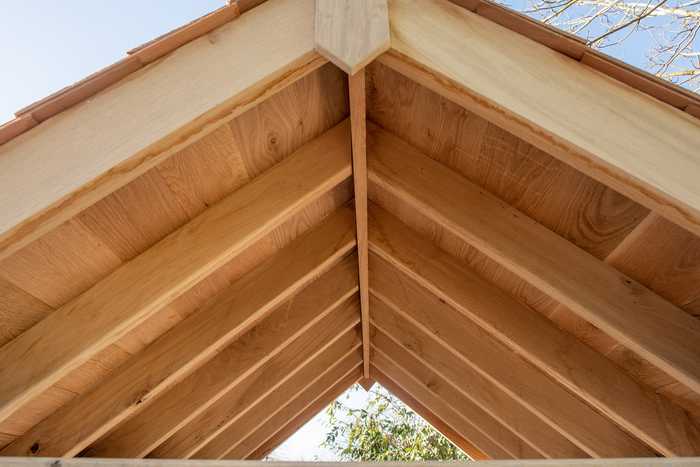 Close up of cedar roof underside from garden day bed 