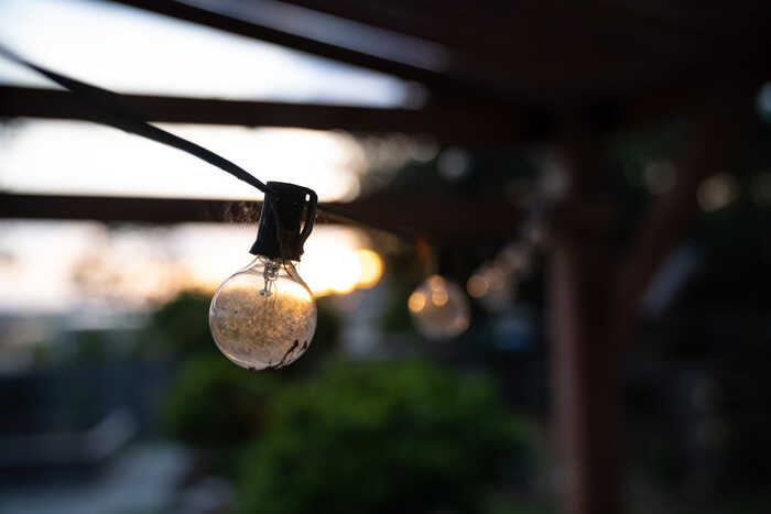 light bulb hanging from a pergola