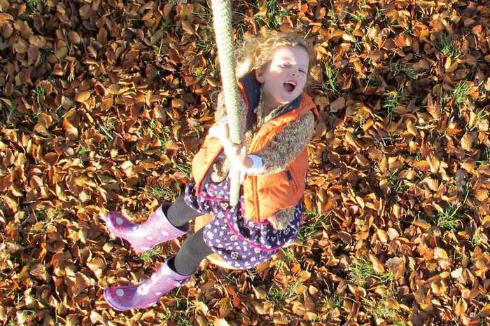 Young girl on a rope swing in autumn leaves