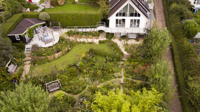 Aerial view of the Sitting Spiritually Show Garden in Lyme Regis